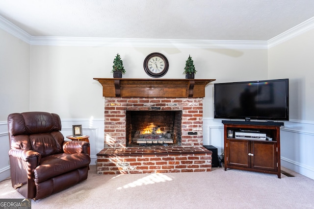 carpeted living room featuring ornamental molding and a fireplace