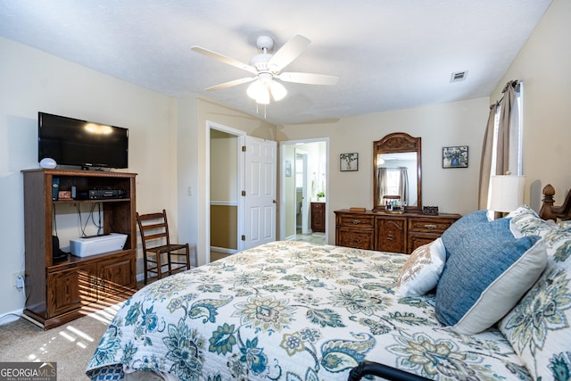 bedroom featuring ceiling fan and carpet floors