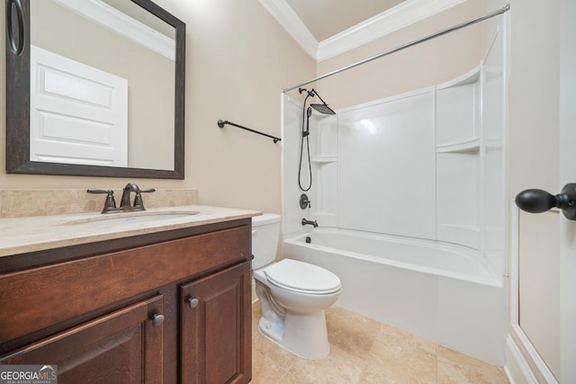 full bathroom featuring tile patterned flooring, ornamental molding, toilet, shower / tub combination, and vanity