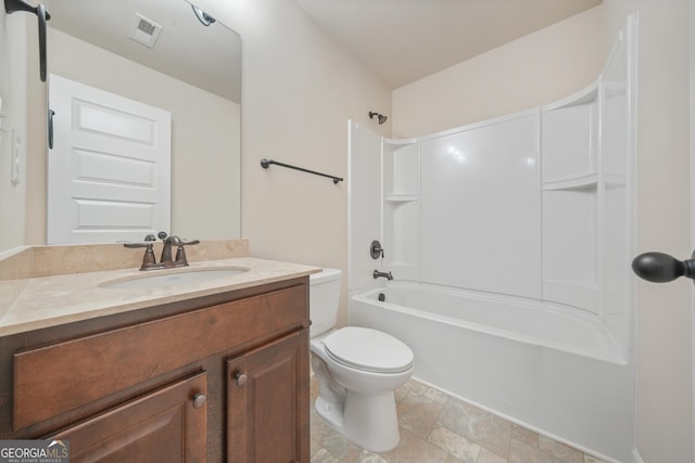 full bathroom with toilet, vanity, and bathing tub / shower combination