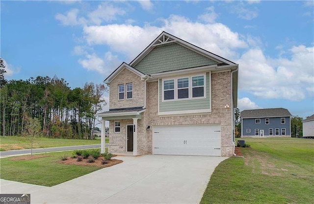 craftsman-style house featuring a garage and a front lawn