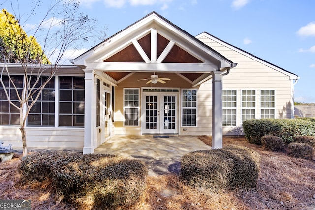 doorway to property with a patio, ceiling fan, and french doors