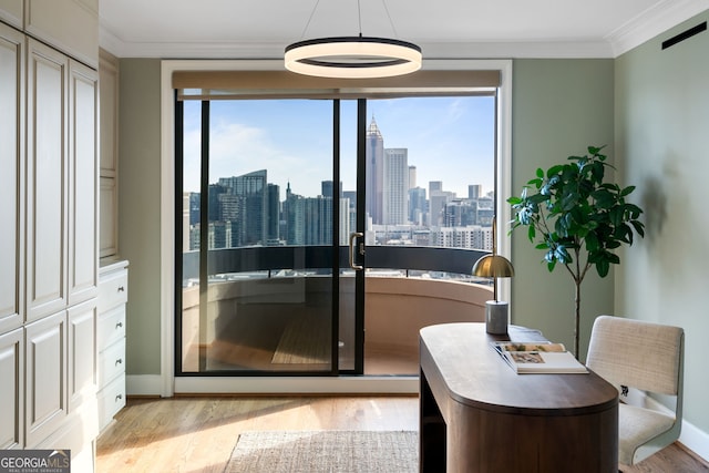 entryway featuring a view of city, light wood finished floors, ornamental molding, and baseboards