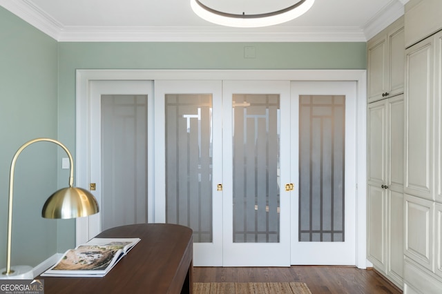 interior space with ornamental molding, french doors, and dark wood-type flooring