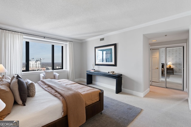 bedroom featuring baseboards, ornamental molding, visible vents, and light colored carpet