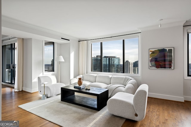 living room with crown molding, baseboards, a city view, and wood finished floors