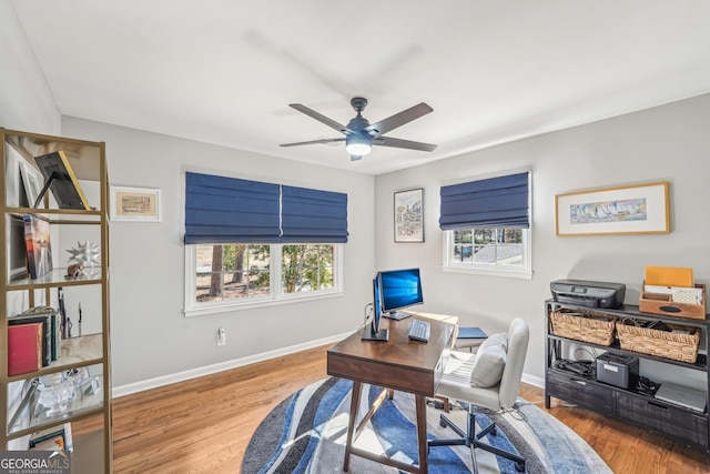 office area featuring plenty of natural light, ceiling fan, and light wood-type flooring