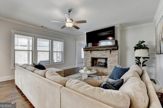 living room featuring crown molding, a fireplace, dark hardwood / wood-style floors, and ceiling fan