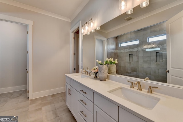 bathroom featuring vanity, tile patterned flooring, ornamental molding, and walk in shower