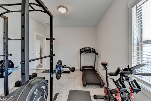 exercise area with light colored carpet