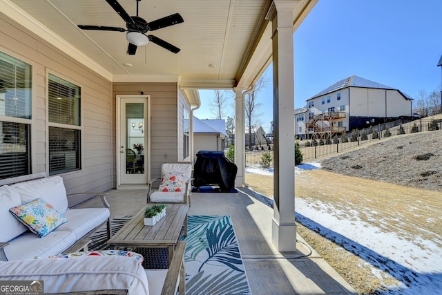 view of patio / terrace with area for grilling, outdoor lounge area, and ceiling fan