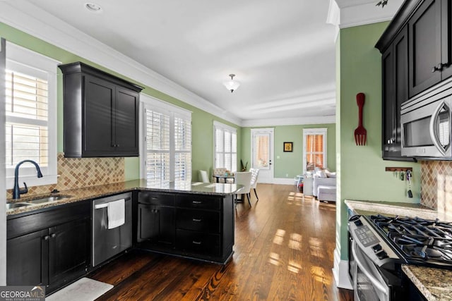 kitchen with sink, backsplash, appliances with stainless steel finishes, and dark hardwood / wood-style floors