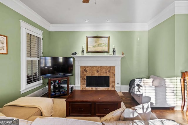 living room featuring ceiling fan, wood-type flooring, ornamental molding, and a fireplace