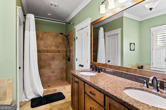 bathroom with a shower with curtain, tile patterned flooring, vanity, and ornamental molding