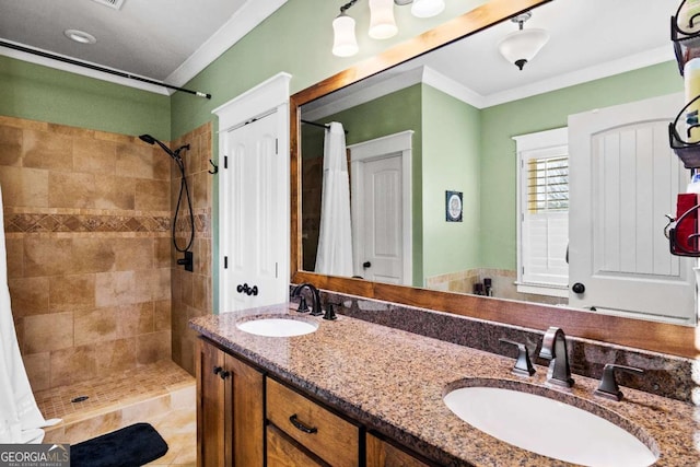 bathroom featuring vanity, walk in shower, and crown molding