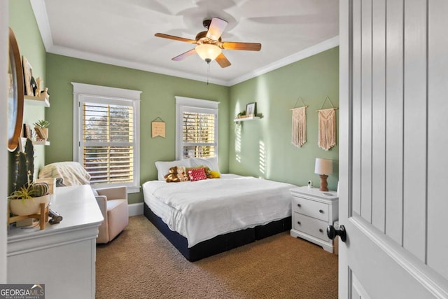 bedroom with ceiling fan, light colored carpet, and crown molding