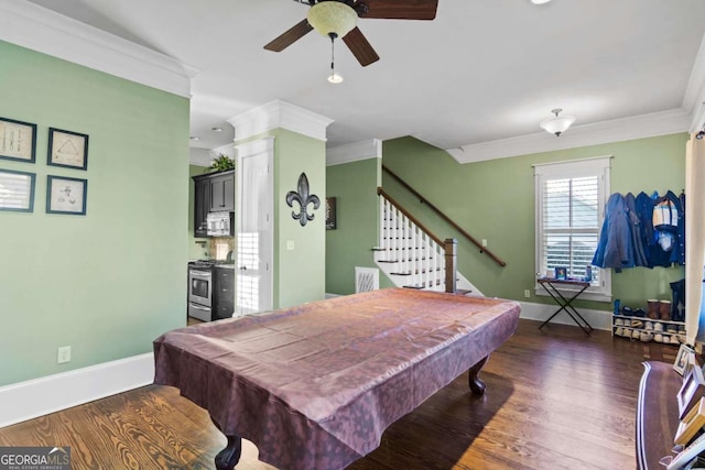 playroom with dark wood-type flooring, pool table, and crown molding