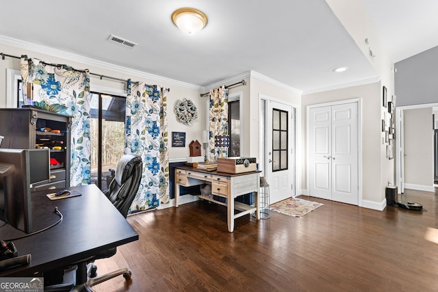 home office with ornamental molding and dark wood-type flooring