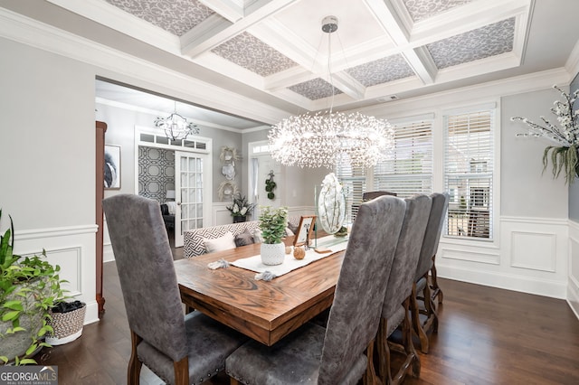 dining space featuring beam ceiling, coffered ceiling, dark hardwood / wood-style floors, and an inviting chandelier