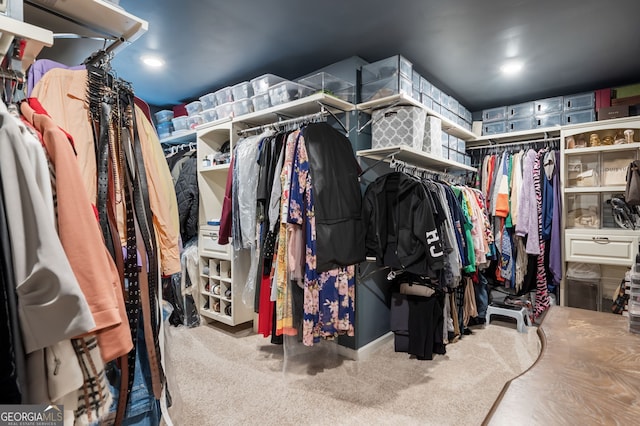 walk in closet with carpet flooring