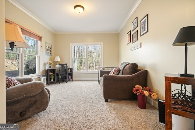 living area featuring plenty of natural light, carpet, and crown molding