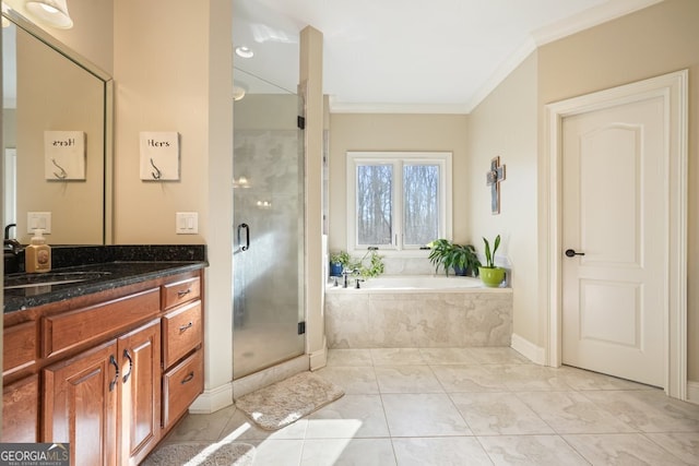 bathroom featuring tile patterned floors, vanity, crown molding, and plus walk in shower