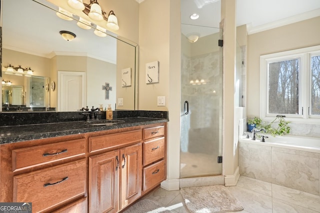 bathroom featuring crown molding, vanity, tile patterned floors, and shower with separate bathtub