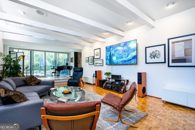 living room featuring beam ceiling and light parquet floors