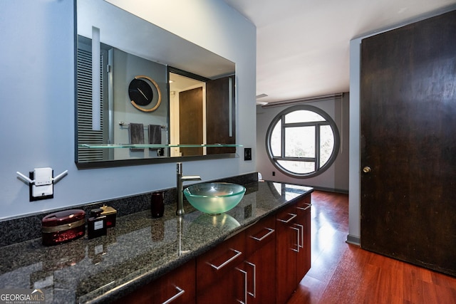 bathroom with wood-type flooring and vanity