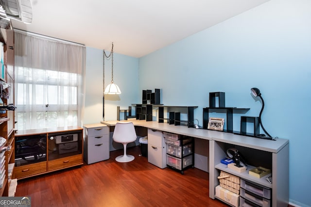 home office featuring dark hardwood / wood-style floors