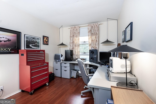 home office with dark wood-type flooring