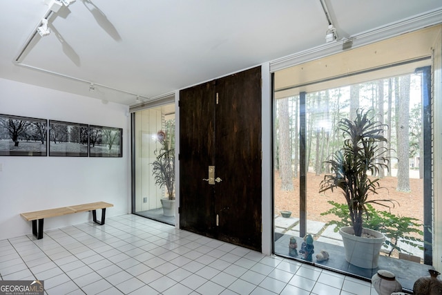 tiled foyer featuring ceiling fan, track lighting, and expansive windows