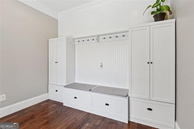 mudroom with crown molding and dark hardwood / wood-style flooring