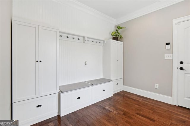 mudroom featuring dark wood-type flooring and ornamental molding