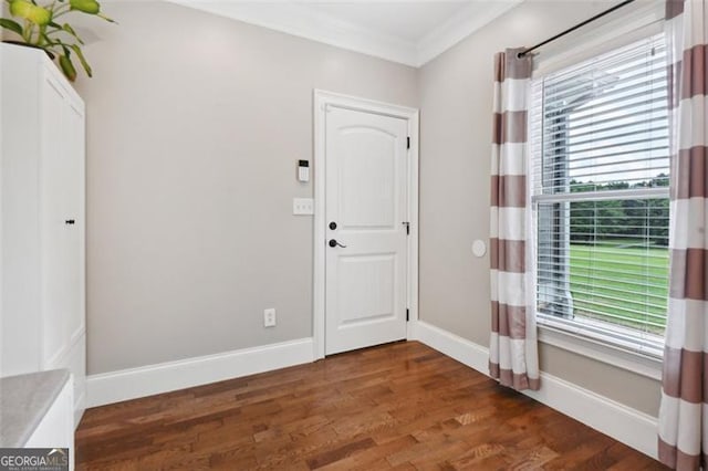 foyer featuring ornamental molding and dark hardwood / wood-style floors