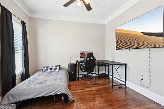 bedroom featuring multiple windows, crown molding, dark wood-type flooring, and ceiling fan