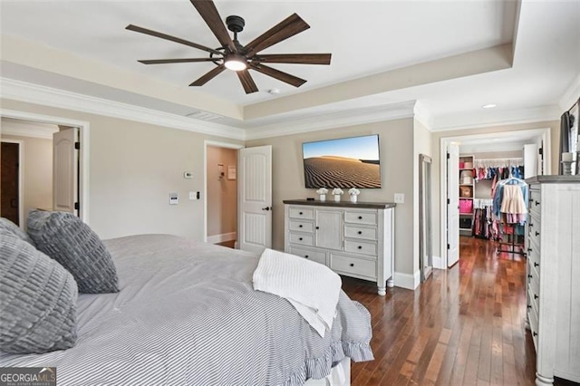 bedroom with a raised ceiling, a walk in closet, a closet, and ceiling fan