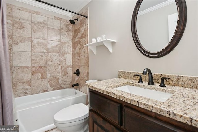 full bathroom featuring vanity, shower / tub combo, crown molding, and toilet