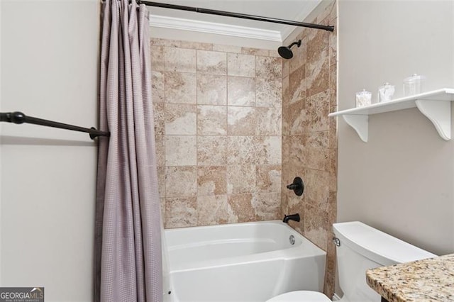 bathroom with toilet and shower / bathtub combination with curtain