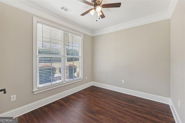 unfurnished room featuring ornamental molding, dark hardwood / wood-style floors, and ceiling fan