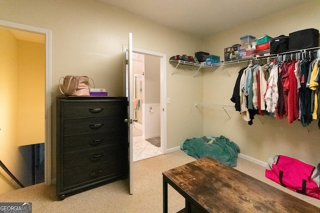 walk in closet with light colored carpet