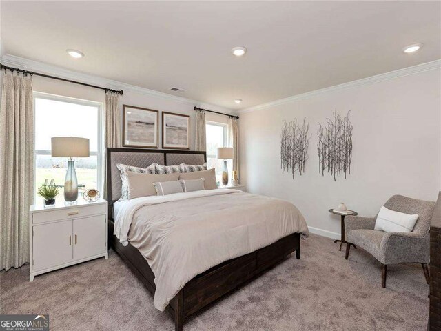 carpeted bedroom featuring ornamental molding