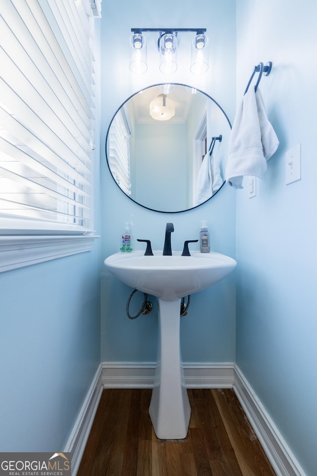 bathroom featuring hardwood / wood-style flooring and ornamental molding