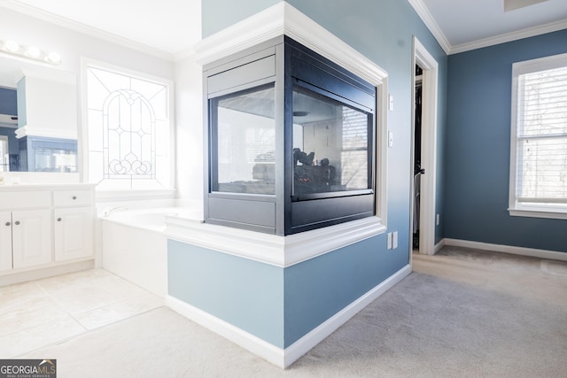 bathroom featuring vanity, a bathtub, and crown molding