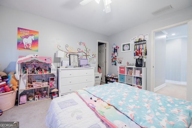 carpeted bedroom featuring ceiling fan