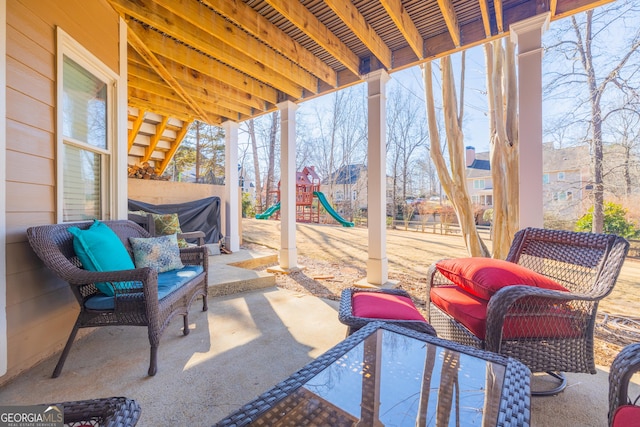 view of patio / terrace featuring a playground