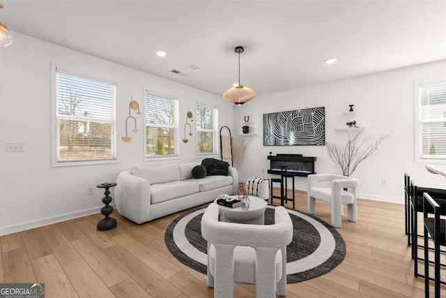 living room featuring light hardwood / wood-style floors and a wealth of natural light