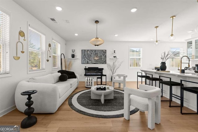 living room with sink, light wood-type flooring, and plenty of natural light