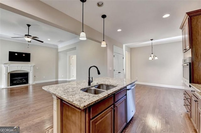 kitchen with a fireplace, light wood finished floors, appliances with stainless steel finishes, a sink, and ceiling fan