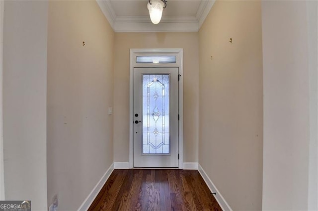 doorway to outside featuring dark wood-style flooring, crown molding, and baseboards